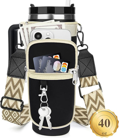 Water Bottle Carrier Bag with Strap for Stanley 40/30 oz Tumbler with Handle, Water Bottle Holder Pouch with Phone Pocket for Stanley Cup Accessories, fit Walking Hiking Travel