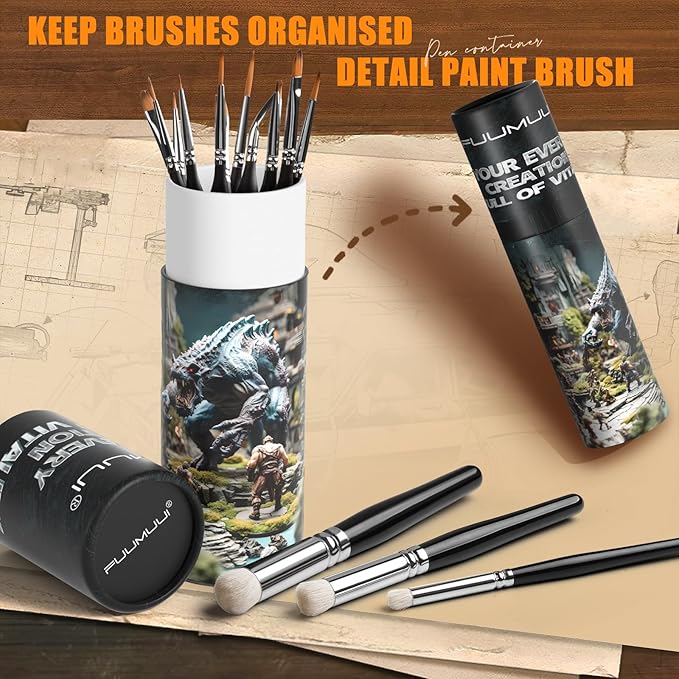 Miniature Paint Brushes with Domed Dry Brush Set for Miniature Painting, Fuumuui 14Pcs Miniature Model Paint Brush Set Dry Brush Miniatures for for Acrylic, Watercolor, Oil