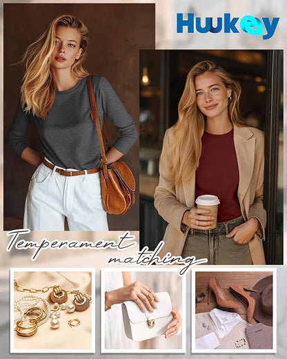 Huukeay 5 Pack Women's Crew Neck Long Sleeve Shirts, Cotton Blend Casual Clothes Workout Basic Layering Tee Tops Multipack