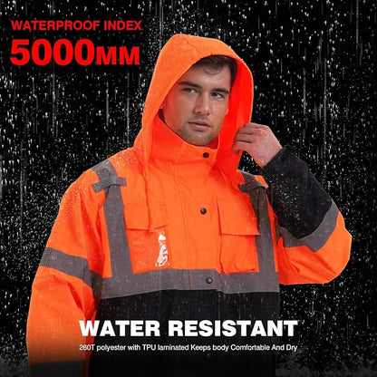 SKSAFETY Hi Vis Reflective Rain suits for Men Waterproof - High Vis Safety Rain Jacket, High Visibility Raincoat for Men