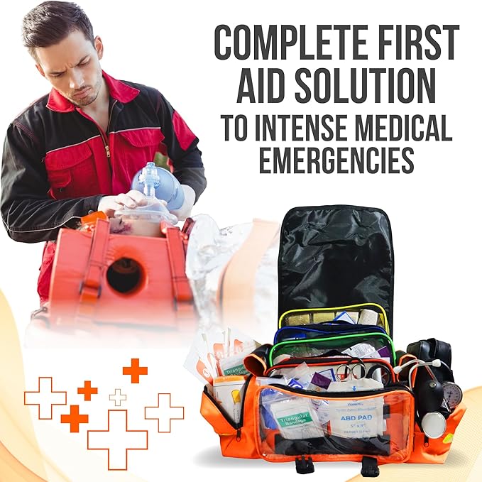 JJ CARE Trauma Bag (287 pcs), Fully Stocked EMT Medical Bag for Professionals, First Aid Emergency Medical Kit, First Responder Kit Essentials with Organizer Pouch