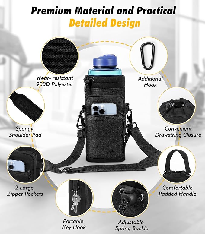 Nuovoware Water Bottle Carrier Bag,25oz/40oz/64oz Bottle Pouch Holder,Adjustable Shoulder Hand Strap 2 Pocket Sling Neoprene Sleeve Sports Accessories for Hiking Travelling Camping