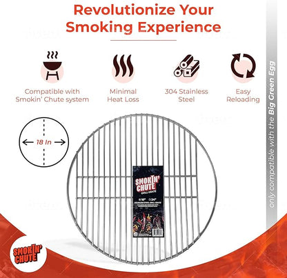 Stainless Steel Grate designed to work with the Smokin’ Chute System. Fits Large Big Green Egg and other 18” diameter grill grates.