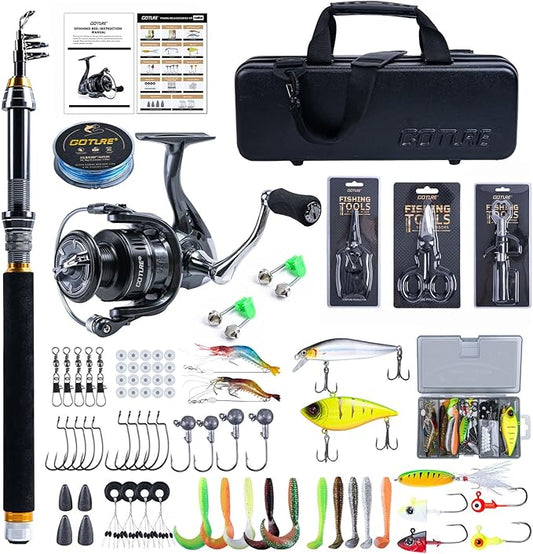 Goture Fishing Rod and Reel Combos-Telescopic Fishing Pole Spinning Reel Lures Set with PC Hard Shell Suitcase, Telescopic Rod Reel Combo Kit for Starter Travel Saltwater, Gifts for Men