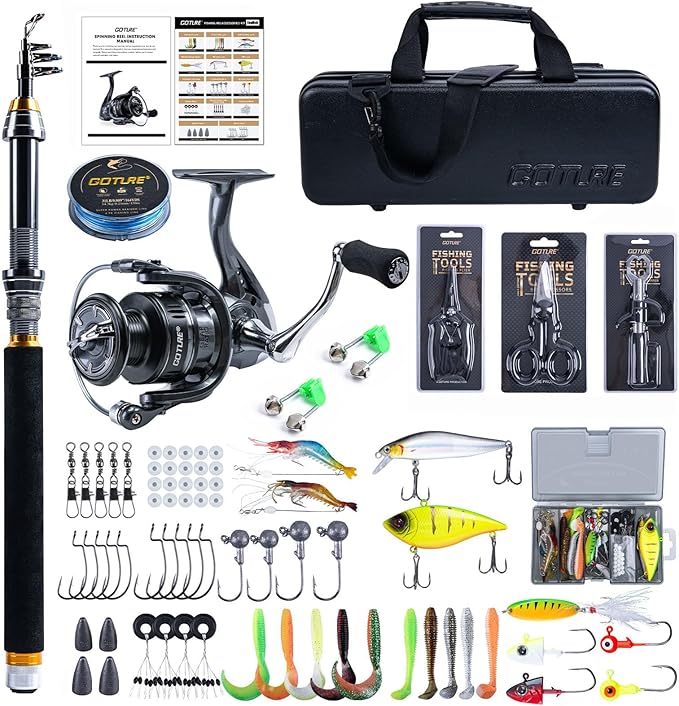 Goture Fishing Rod and Reel Combos-Telescopic Fishing Pole Spinning Reel Lures Set with PC Hard Shell Suitcase, Telescopic Rod Reel Combo Kit for Starter Travel Saltwater, Gifts for Men