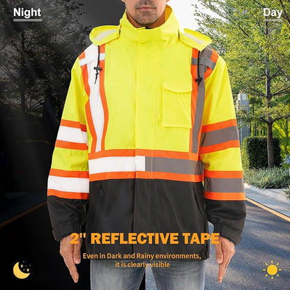 Reflective Rain jackets for men waterproof,Hi Vis Safety Coat With Reflective Strips，High Visibility Class 3 Rain jackets With 2 large pockets,Zipper,Lime,LG/XL