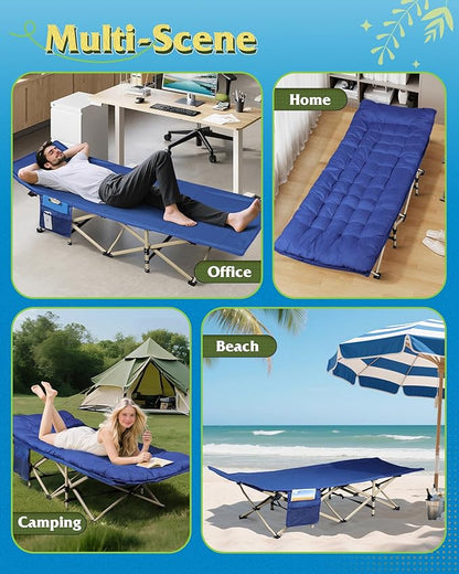 WLIVE 1200D Double Layer Oxford Camping Cots for Adults, Folding Cots for Sleeping with Mattress, Outdoor Folding Bed with Carry Bag, Portable Camping Bed for Sleeping, Resting, Camping, Dark Blue