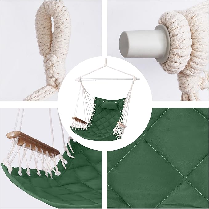 Hammock Chair Hanging Swing with Wooden Armrests;Steel Spreader Bar,Pillows,Hardware kit Included;Cotton Woven ;Up to 350 Lbs,for Indoor Outdoor Green