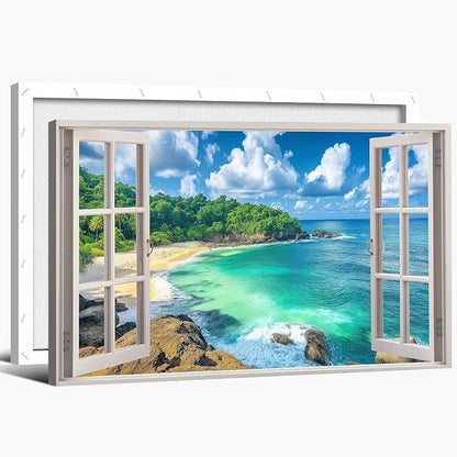 ANRUOXI Beach Window Canvas Wall Art, Enclosed Bedroom Living Room Ocean Coastal Channel Scene Picture, Tropical Sea Landscape Painting Print Artwork Horizontal Seascape Artwork for Bedroom 18x24 Inch
