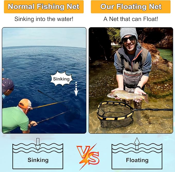PLUSINNO Floating Fishing Net for Steelhead, Salmon, Fly, Kayak, Catfish, Bass, Trout Fishing, Rubber Coated Landing Net for Easy Catch & Release, Compact & Foldable for Easy Transportation & Storage