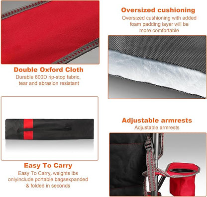 2 Pack Padded Oversized Camping Chairs for Adults,Heavy Duty Support 400 Lbs,Folding Portable Lawn Chair w/Cup Holder,Cooler Bag,Side Pocket,Perfect for Outdoor Picnic,Hiking(Red&Black)