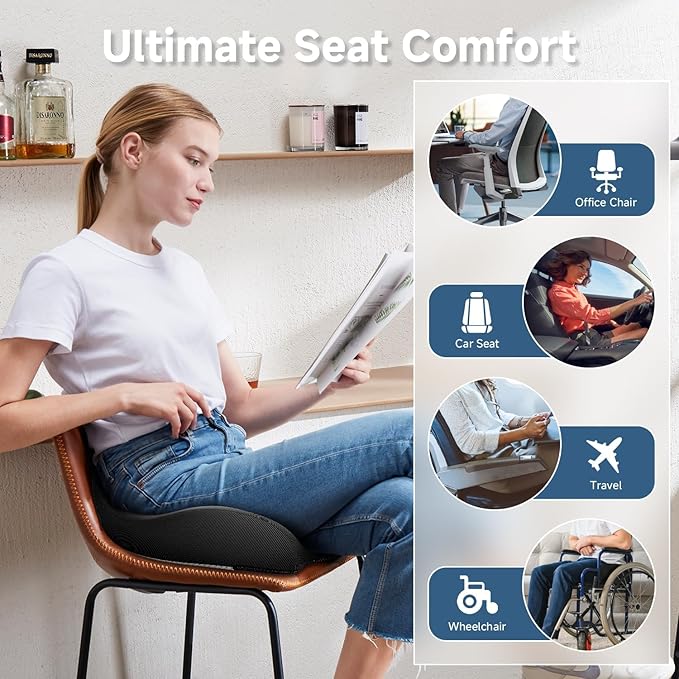 Benazcap X Large Gel Seat Cushion for Office Chair Ergonomic Cushions-Gel & Memory Foam Coccyx Butt Pillow for Sciatica & Back Pain Relief for Long Sitting for Gaming Chair and Car Seat-Black