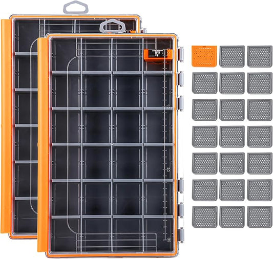 RUNCL Fishing Tackle Box - 360° Waterproof Tackle Trays, 3700 Fishing Tackle Box Organizer with Adjustable Dividers for Jigs Lures, Orange, 2 Pack