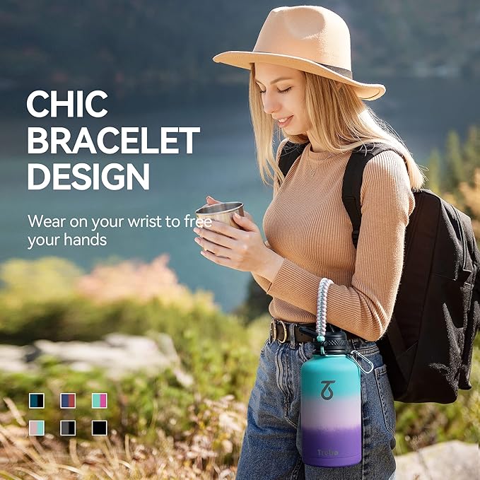 Trebo Water Bottle Insulated with Lid and Straw, Double Wall Vacuum Stainless Steel Metal Tumbler Sports Flask with Paracord Handle, Keep Cold 48 Hours Water Cup with 3 Lids, Hydrangea