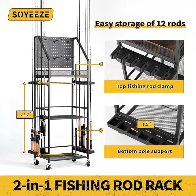 SOYEEZE Fishing Rod Holders for Garage, 3-Tier Fishing Pole Rack with Pegboard and Metal Mesh Fence, Fishing Gear Organizer with Hooks Up to 12 Rods, Rolling Fishing Storage Cart with Lockable Wheels