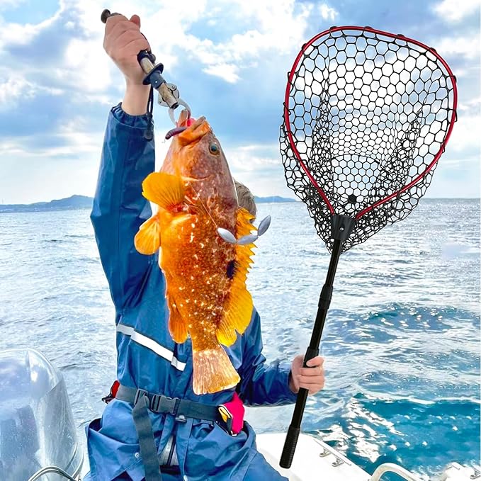 Telescoping Metal Lock Fishing Net with Handle Red Green 64" 52" 3-Section Rubber Fish Net - Adjustable Length Lightweight Foldable Large Big Collapsible Extendable Fishing Net