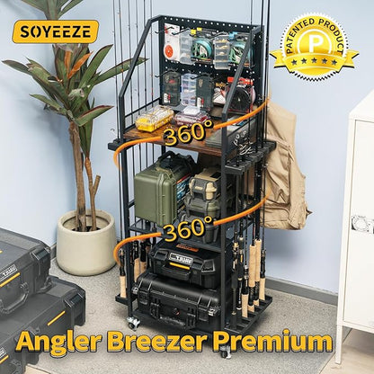 SOYEEZE Fishing Rod Holders for Garage with Pegboard and Lockable Wheels, 3-Tier Fishing Pole Rack with 10 Hooks, Fishing Gear Tackle Box Organizer Up to 12 Rods, Rolling Fishing Storage Cart