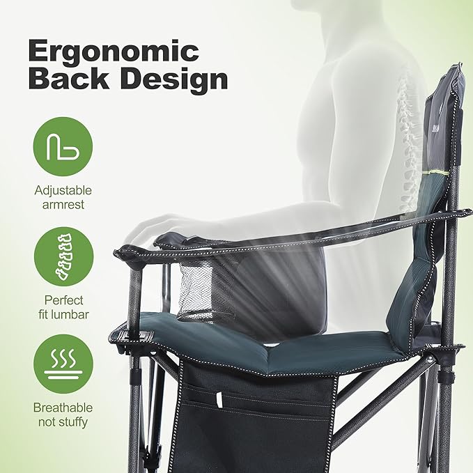 LET'S CAMP Oversized Folding Camping Chair Portable Outdoor Heavy Duty Padded Chairs Lawn Chair with Cup Holder, Storage Pocket and Cooler Bag, Supports 450LBS, for Camp, Travel, Picnic (Green)