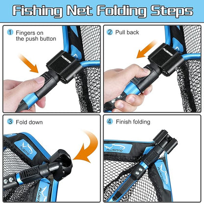PLUSINNO Floating Fishing Net for Steelhead, Salmon, Fly, Kayak, Catfish, Bass, Trout Fishing, Rubber Coated Landing Net for Easy Catch & Release, Compact & Foldable for Easy Transportation & Storage
