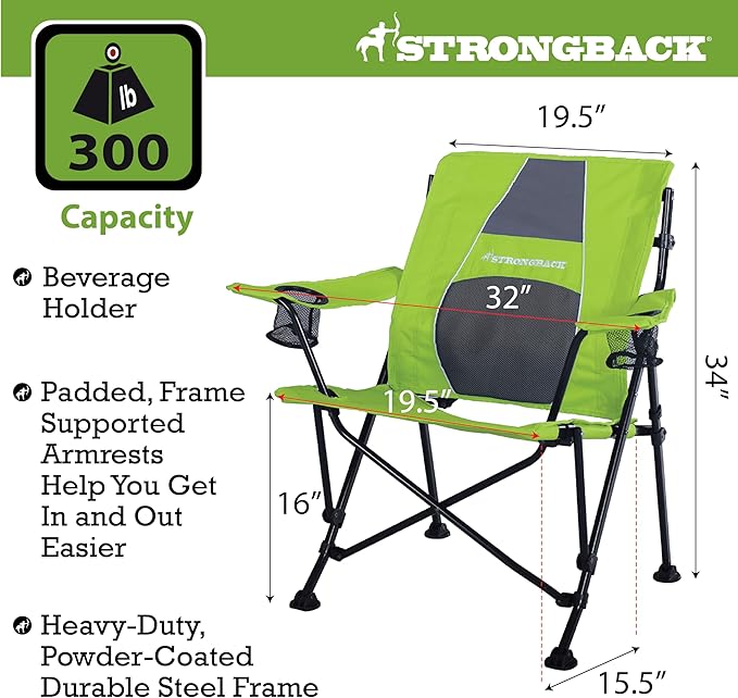 STRONGBACK Camping Chair Guru Heavy Duty Camping Chairs with Lumbar Support - Backpack Folding Camp Chair - Lime Green