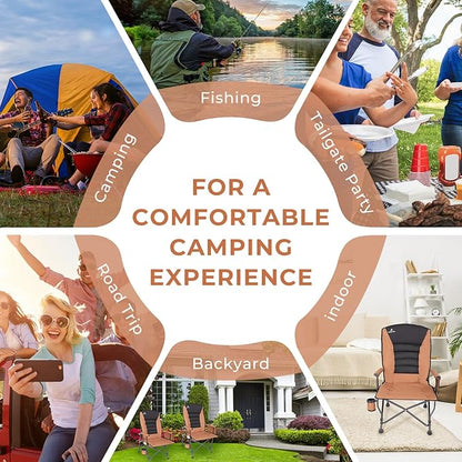 Camping Chairs for Adults, Adjustable Backrest Heavy Duty Oversized Folding Camping Chair Supports 350lbs for Outside with Cup Holder&Side Pocket, Outdoor Folding Camp Chair with High Back (Brown)