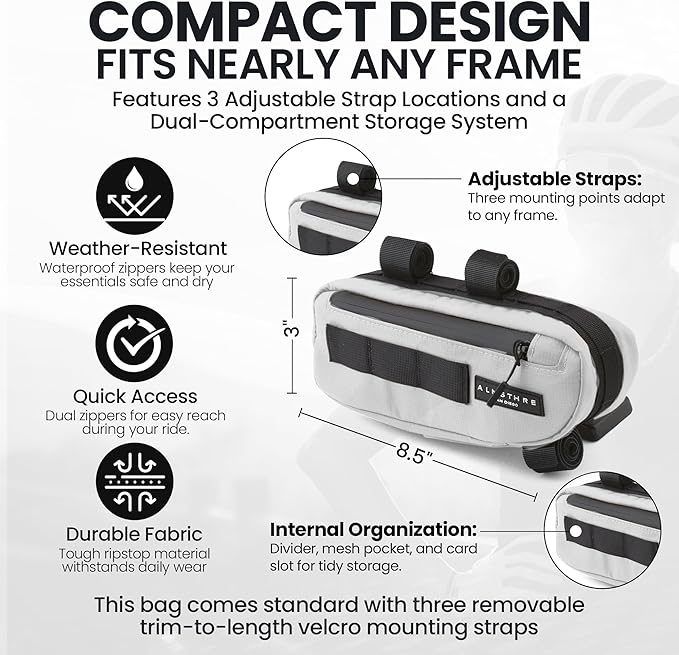 ALMSTHRE Compact Bike Frame Bag – Sterling Silver | Weather-Resistant, Waterproof Zippers & Dual-Sided Access for Road, MTB, and Ebike Frames