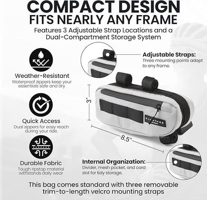 ALMSTHRE Compact Bike Frame Bag – Sterling Silver | Weather-Resistant, Waterproof Zippers & Dual-Sided Access for Road, MTB, and Ebike Frames