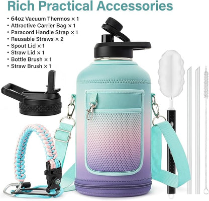 Insulated Water Bottle | Thickened Stainless Steel Vacuum Metal Portable Sports Half Gallon Large Water Jug for Gym and Hiking with Straw, Carrier Bag, Handle Strap | BPA-Free 64 oz