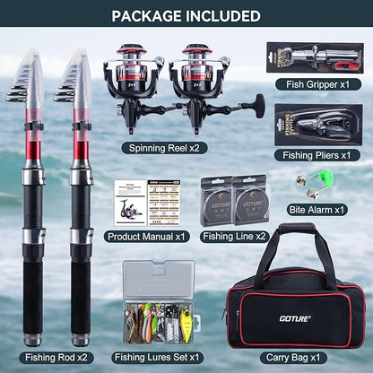 Goture Fishing Rod and Reel Combos-2PCS Telescopic Fishing Pole+2PCS Pre-Loaded Spinning Reels with Carrier Bag,1.8M-2.7M Telescopic Rod Reel Kit for Starter Travel Saltwater Freshwater,Gifts for Men