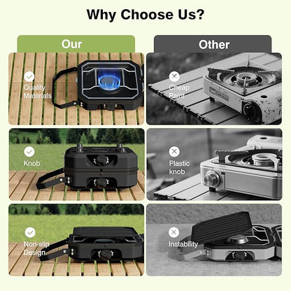 Camping Stove Portable Propane Camp Stove with Independently Adjustable Heat & Carry Bag, Foldable Gas Stove with 2 Burners for Outdoor Cooking,Tailgating & Backyard Gathering,BBQ (Black)