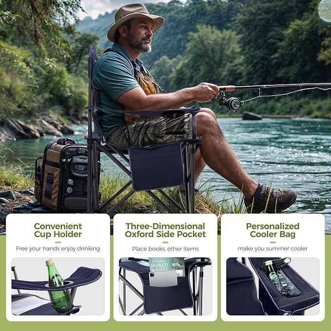 ALPHA CAMP Oversized Camping Chair Heavy Duty Lawn Chair with Cooler Bag Support 450 LBS Steel Frame Collapsible Padded Arm Quad Lumbar Back Folding Chair for Lawn Outdoor
