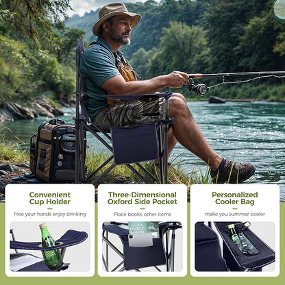 ALPHA CAMP Oversized Camping Chair Heavy Duty Lawn Chair with Cooler Bag Support 450 LBS Steel Frame Collapsible Padded Arm Quad Lumbar Back Folding Chair for Lawn Outdoor