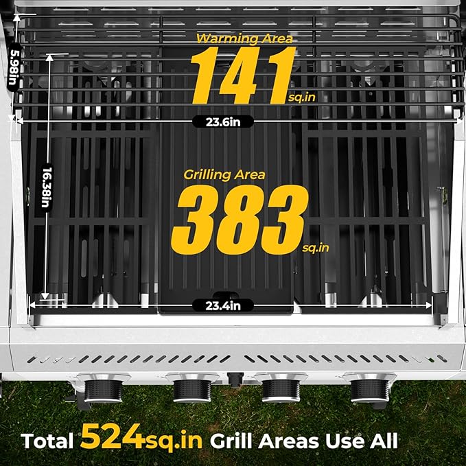R.W.FLAME 4-Burner Propane Gas Grill with Side Burner, Stainless Steel Propane Grill 42000BTU for Outdoor Cooking, with Porcelain-Enameled Cast Iron Grates, Baking Pan, Silver