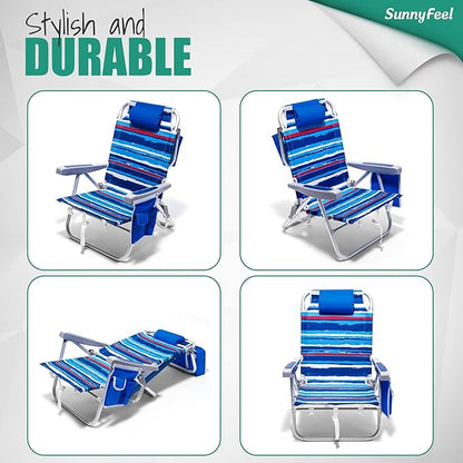 SUNNYFEEL Beach Chairs for Adults 2 Pack 5 Position Lay Flat, Portable Folding Backpack Beach Chair Heavy Duty with Cooler Bag, Cup Holder for Outdoor/Lawn/Picnic, Foldable Camping Chair