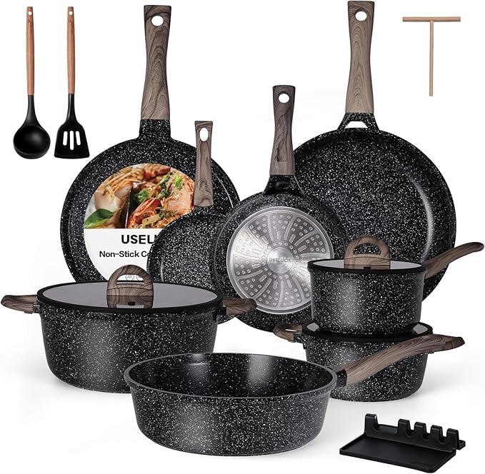 Ceramic Cookware Set 22 Piece Nonstick Pots and Pans Set Non Stick Kitchen Cooking Sets 8"Frying Pans with Lid,Black Granite Non-Toxic Induction Kitchen Cookware w/Glass Lids PFOS/PFOA-Free