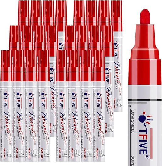 TFIVE Red Paint Pens Permanent Markers - 24 Pcs Oil Based Paint Markers Set, Quick Dry, Waterproof, Fade Resistant, Medium Tip Marker Pens for Metal, Rock, Wood, Plastic, Canvas, Glass, Rubber