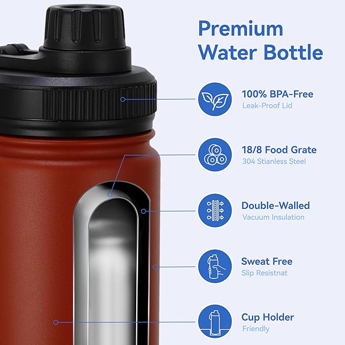DOMICARE 16 oz Kids Water Bottle for School Stainless Steel Double Wall Vacuum Insulated Water Bottle with Straw lids & Spout Lid, Leakproof BPA Free (Red,1)