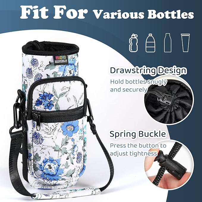 Nuovoware Water Bottle Carrier Bag,25oz/40oz/64oz Bottle Pouch Holder,Adjustable Shoulder Hand Strap 2 Pocket Sling Neoprene Sleeve Sports Accessories for Hiking Travelling Camping