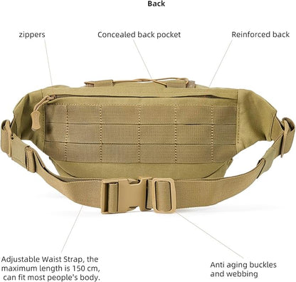 3.5L Military Tactical Fanny Pack | Molle, Quick Access, EDC, Hiking, Travel, Fit Most Men's Waist (Tan)