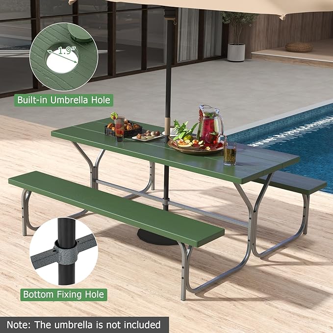 Tangkula 6 Ft Picnic Table with 2 Built-in Benches, Umbrella Hole, Metal Frame & HDPE Tabletop, 8-Person Large Table and Bench Set for Garden, Backyard, Patio (Green)
