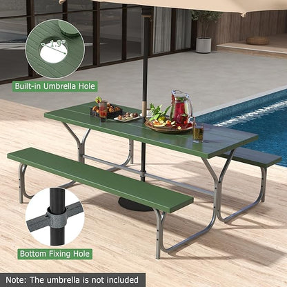 Tangkula 6 Ft Picnic Table with 2 Built-in Benches, Umbrella Hole, Metal Frame & HDPE Tabletop, 8-Person Large Table and Bench Set for Garden, Backyard, Patio (Green)
