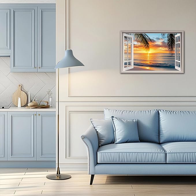 ANRUOXI Beach Picture Wall Art for Living Room, Ocean & Sunset Painting Decor for Bedroom, White Window Frame Style Sea Canvas Wall Decor, Summer Coastal Landscape Artwork for Home Office 24x36 Inch