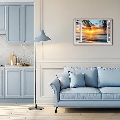 ANRUOXI Beach Picture Wall Art for Living Room, Ocean & Sunset Painting Decor for Bedroom, White Window Frame Style Sea Canvas Wall Decor, Summer Coastal Landscape Artwork for Home Office 24x36 Inch