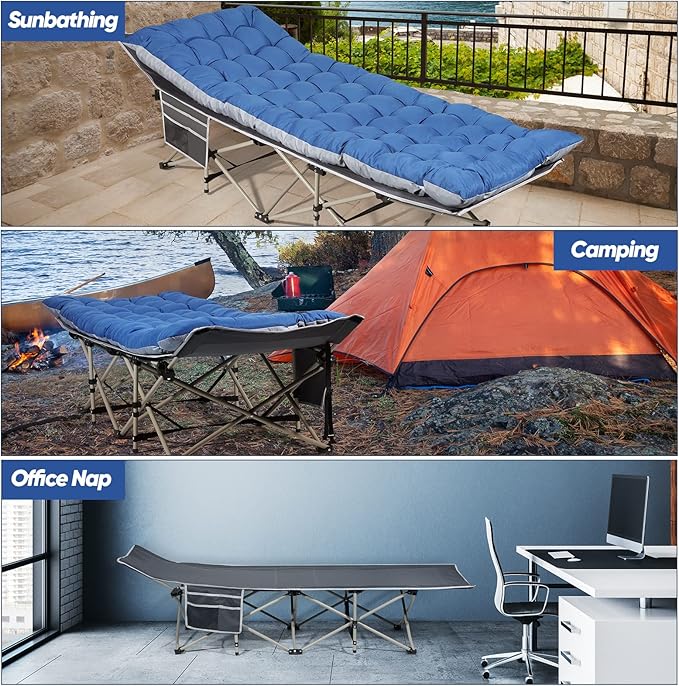 HAITRAL Portable Camping Cot with Mattress - Outdoor Folding Heavy Duty Sleeping Bed with Side Pocket for Adults - Oxford Single Lounge Chaise for Camping Tent Beach Office Max Load 300 LBS (Grey)