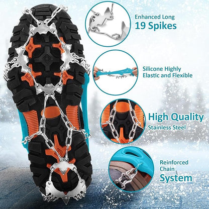 WIN.MAX Crampons for Shoes, Traction Cleats Ice Snow Grips with 19 Stainless Steel Spikes, Shoe Talons Anti - Slip Boots Spikes for Walking, Jogging, Climbing and Hiking