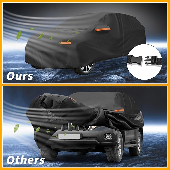 Universal Car Cover Waterproof All Weather 190T-PU, UV Sun Rain Protection, Fits for SUV Length 191"-200", with Left Side Zipper, Black