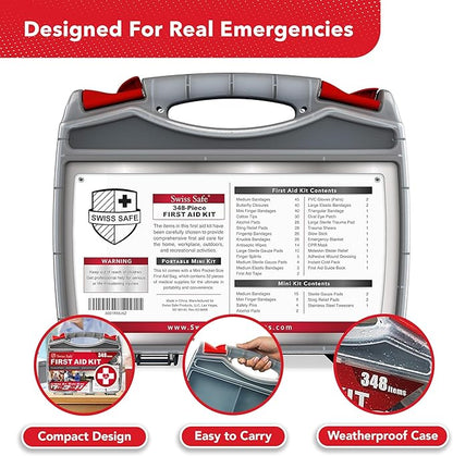 Swiss Safe 2-in-1 First Aid Kit for Car, Travel & Home, Businesses - Bonus Mini Kit for Medical Emergency Aid, Survival, Camping - FSA & HSA Eligible - 348 Pcs, Large Hardcase FAK