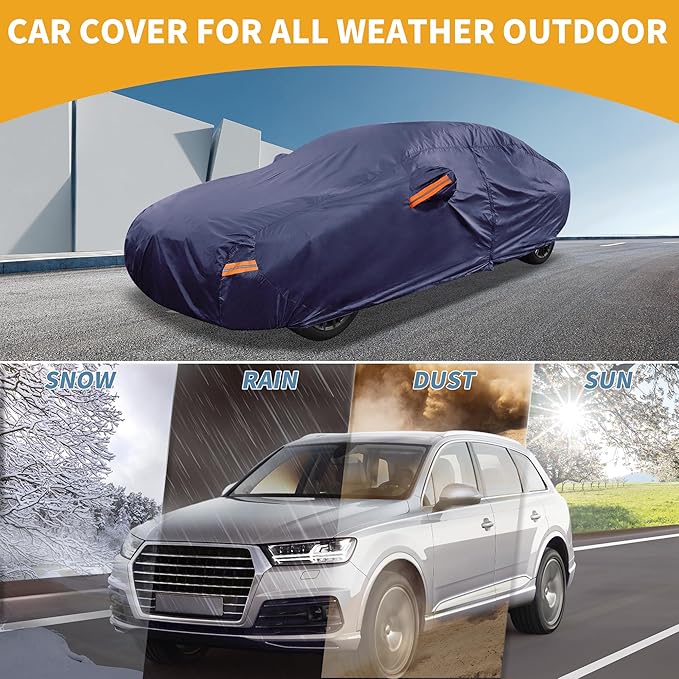 Universal Car Cover Waterproof All Weather 190T-PU, UV Sun Rain Protection, Fits for Sedan Length 178"-186", with Left Side Zipper, Navy Blue