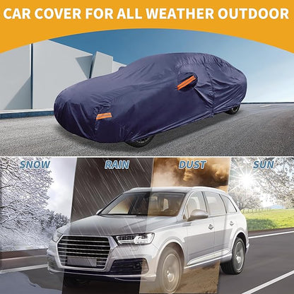 Universal Car Cover Waterproof All Weather 190T-PU, UV Sun Rain Protection, Fits for Sedan Length 199"-208", with Left Side Zipper, Navy Blue