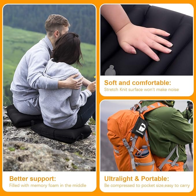 DAWNTREES Inflatable Seat Cushion, Lightweight, Waterproof, Suitable for Office/Home Chair Pad Support and Convenient Seat Cushion for Travel,Car,Outdoor Stadium and Camping,Black